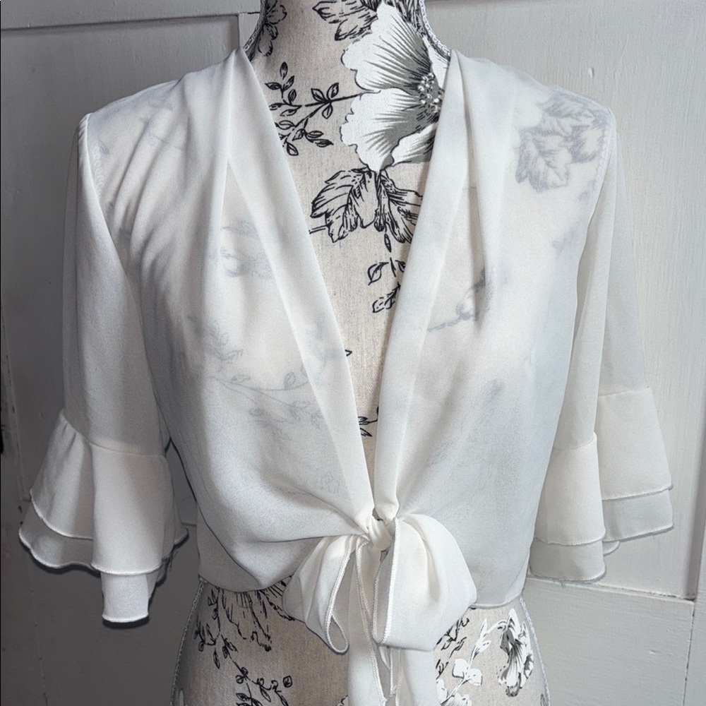 Vintage Sheer White Ruffle Bell Sleeve Tie Front Blouse